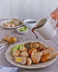 High angle view of breakfast served in plate