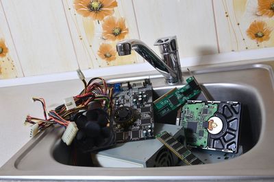 High angle view of faucet on table at home