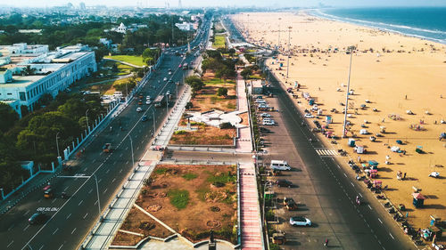 High angle view of city by sea