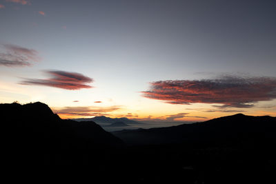 Scenic view of silhouette mountains against sky at sunset