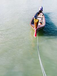 High angle view of boat moored in lake