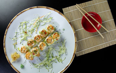 High angle view of meal served on table
