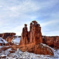 Low angle view of rock formations against sky