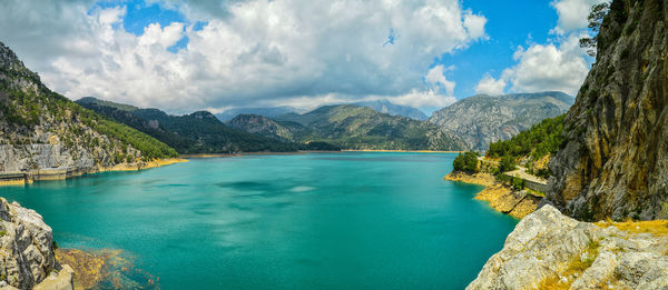 Scenic view of lake against cloudy sky