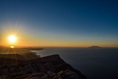 Scenic view of sea against clear sky during sunset