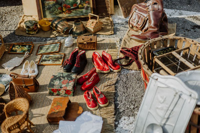 High angle view of various objects on table