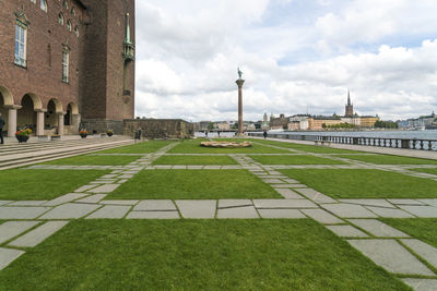 Stockholm red town hall garden in summer empty during corona