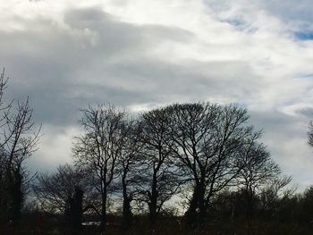 Low angle view of bare trees against cloudy sky