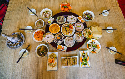 High angle view of meal served on table