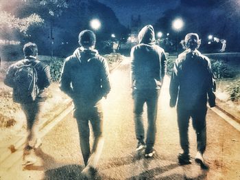 Rear view of people walking on street at night