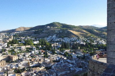 High angle view of cityscape against clear blue sky