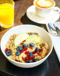 High angle view of breakfast served on table