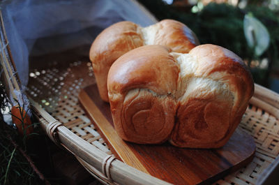 Close-up of breads in wicker basket