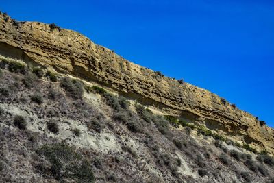 Low angle view of rocky mountain against clear blue sky