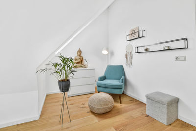 Potted plant on table against wall at home