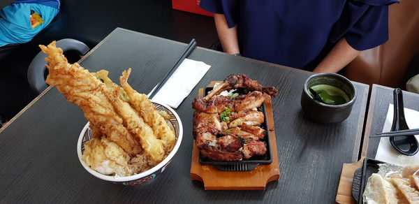High angle view of japanese food served on table in restaurant