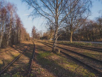 Railroad track amidst bare trees against sky during autumn