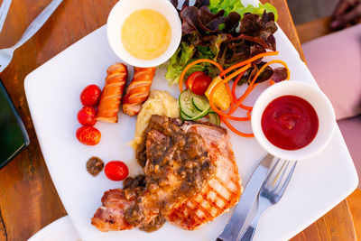 High angle view of meal served on table