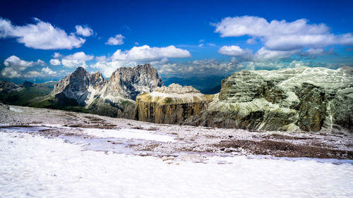 Scenic view of rocky mountains against blue sky