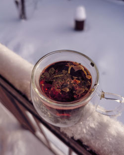 High angle view of drink in glass on table