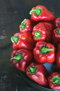 High angle view of tomatoes in container on table