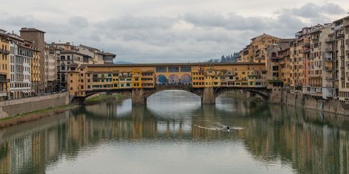 Bridge over river in city against sky