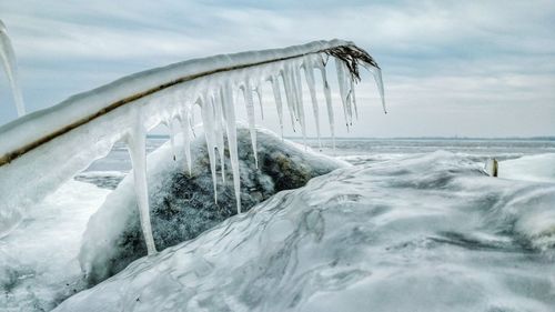 Close-up of frozen sea against sky