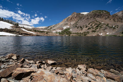 Scenic view of lake and mountains against sky