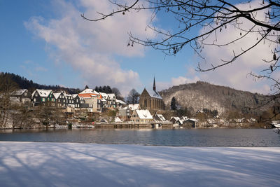 Panoramic image of beyenburg close to wuppertal on a winter day, bergisches land, germany