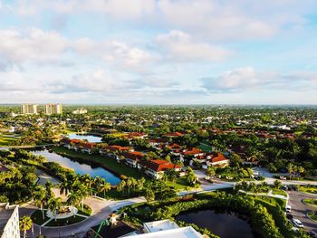 High angle view of cityscape against sky