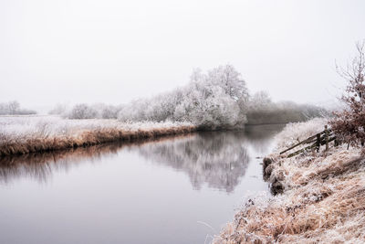 Scenic view of lake against clear sky during winter