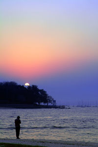 Rear view of man standing at sunset