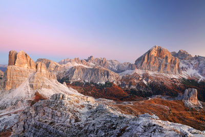 Panoramic view of rocky mountains against sky during sunset