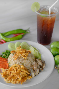 Close-up of food served on table