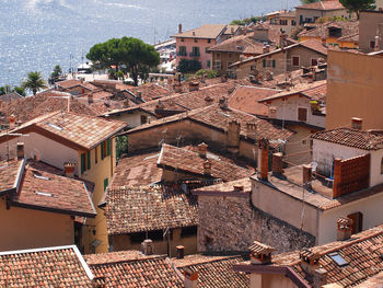 High angle view of buildings in town