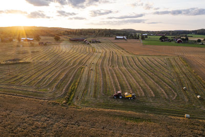 Aerial view of tractor working in field