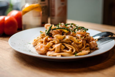 Close-up of noodles served in plate