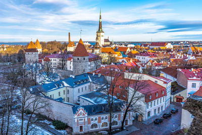 High angle view of buildings in city