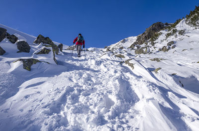 People skiing on snow covered landscape