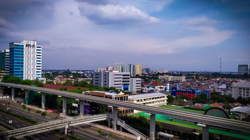 High angle view of buildings in city against sky