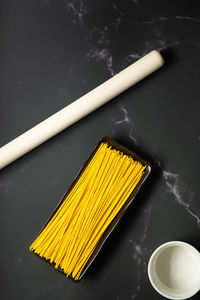 High angle view of yellow food on table