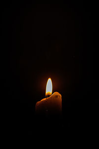 Close-up of lit candle in darkroom