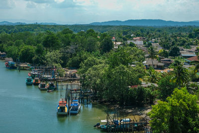 High angle view of river amidst trees and buildings