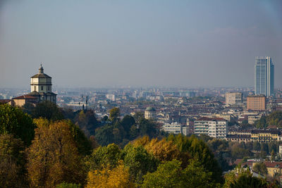 High angle view of buildings in city