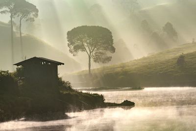 Scenic view of lake by building against sky