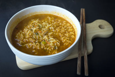 High angle view of soup in bowl