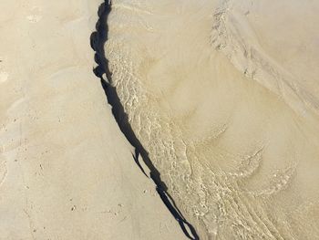 High angle view of tire tracks on sand