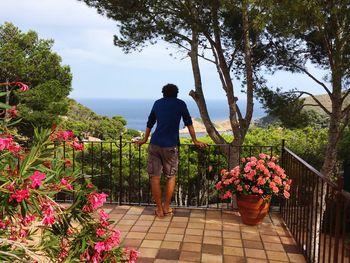 Man standing by flowers against trees