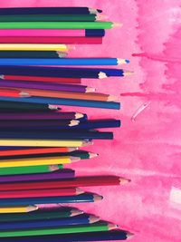 High angle view of colored pencils on table