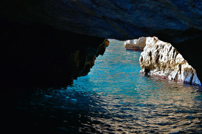Scenic view of sea seen through cave